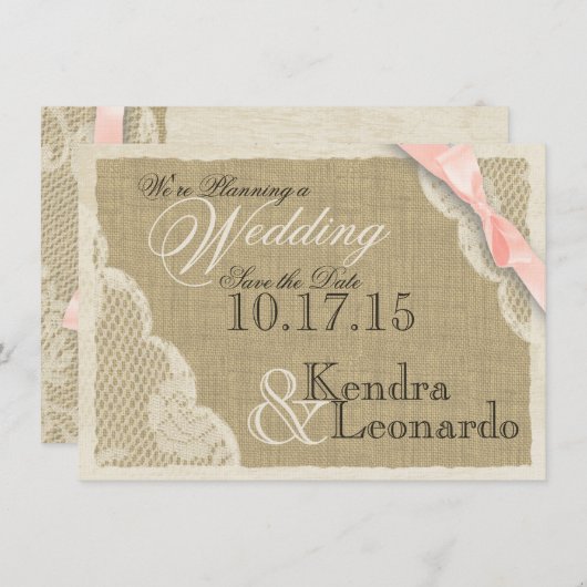 Kant en Blush Pink Bow Sla de datum op Save The Date (Voorkant / Achterkant)