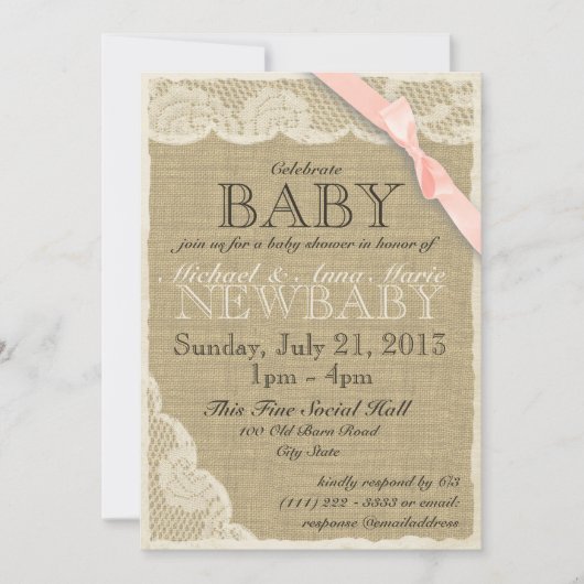  Kant en Bow Baby shower Blush Roze Kaart (Voorkant)