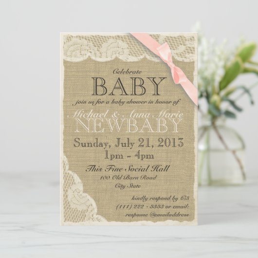  Kant en Bow Baby shower Blush Roze Kaart (Staand voorkant)
