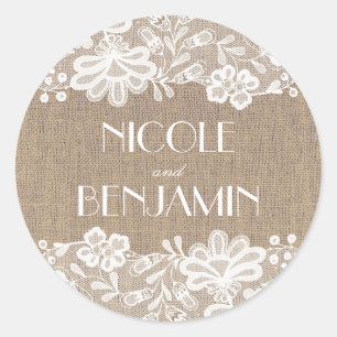Kant en Burlap Bruiloft Ronde Sticker