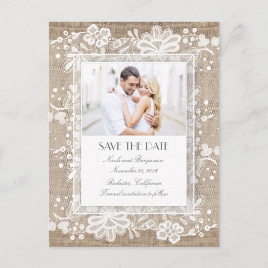 Kant en Burlap  Foto Sla de datum op Aankondigingskaart (Voorkant)