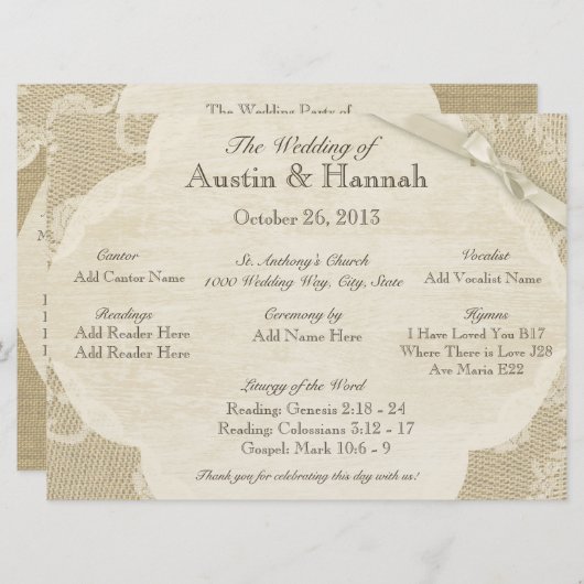 Kant en Burlap Huwelijksprogramma Kaart (Voorkant / Achterkant)