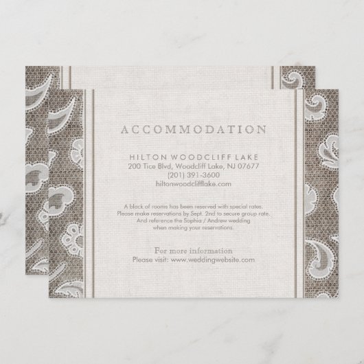 Kant en burlap land bruiloft accommodatie informatiekaartje (Voorkant / Achterkant)