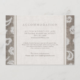 Kant en burlap land bruiloft accommodatie informatiekaartje