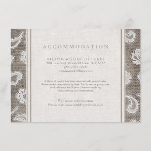Kant en burlap land bruiloft accommodatie informatiekaartje