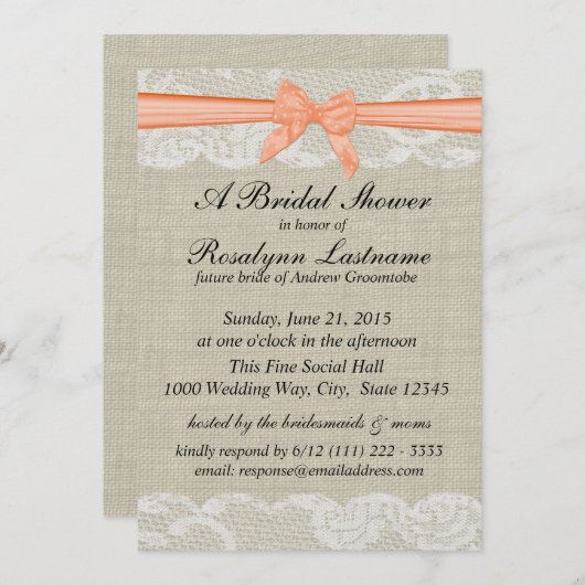 Kant en Burlap met Peach Bow Vrijgezellenfeest Kaart (Voorkant / Achterkant)