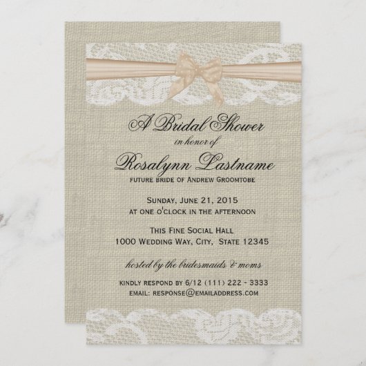 Kant en Burlap met Peach Bow Vrijgezellenfeest Kaart (Voorkant / Achterkant)