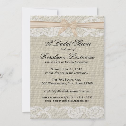 Kant en Burlap met Peach Bow Vrijgezellenfeest Kaart (Voorkant)