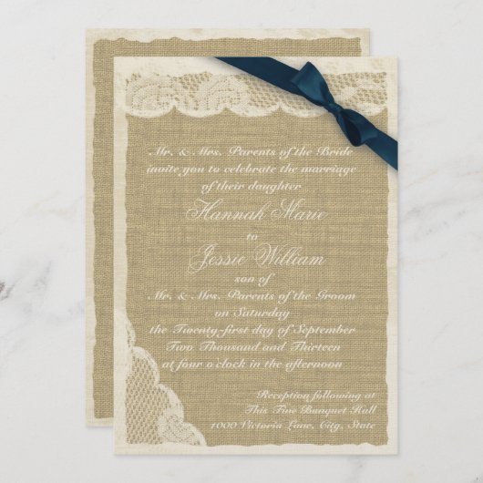  kant en Burlap Navy Blue Ribbon Kaart (Voorkant / Achterkant)