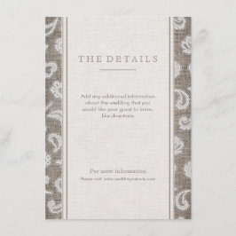 Kant en burlap rustiek land bruiloft detail kaart