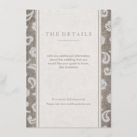 Kant en burlap rustiek land bruiloft detail kaart (Voorkant)