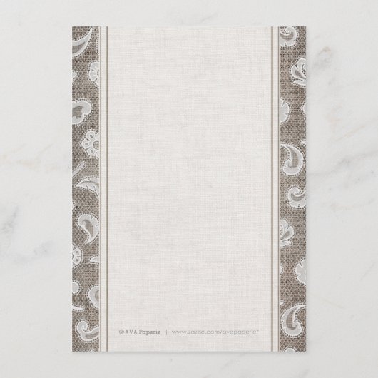 Kant en burlap rustiek land bruiloft detail kaart (Achterkant)