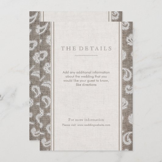 Kant en burlap rustiek land bruiloft detail kaart (Voorkant / Achterkant)