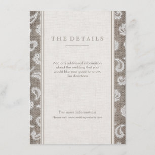 Kant en burlap rustiek land bruiloft detail kaart