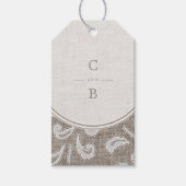 Kant en burlap rustiek land bruiloft monogram cadeaulabel (Voorkant)