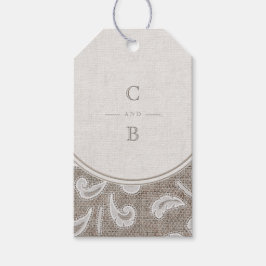 Kant en burlap rustiek land bruiloft monogram cadeaulabel