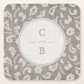 Kant en burlap rustiek land bruiloft monogram kartonnen onderzetters (Voorkant)