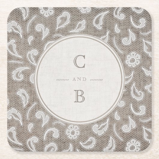 Kant en burlap rustiek land bruiloft monogram kartonnen onderzetters (Voorkant)