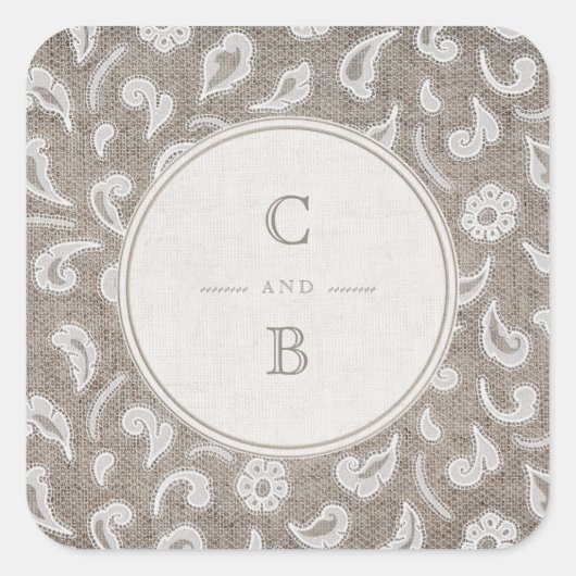 Kant en burlap rustiek land bruiloft monogram vierkante sticker (Voorkant)