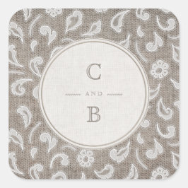 Kant en burlap rustiek land bruiloft monogram vierkante sticker