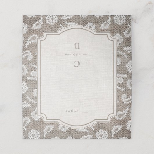 Kant en burlap rustiek land bruiloft plaats kaarte plaatskaartje (Buitenkant ongevouwen)