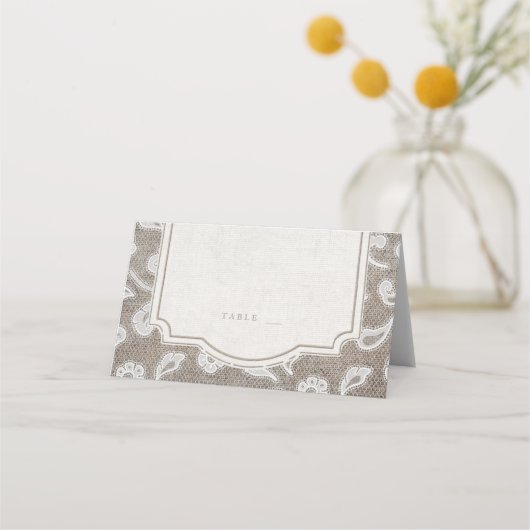 Kant en burlap rustiek land bruiloft plaats kaarte plaatskaartje (Voorkant)