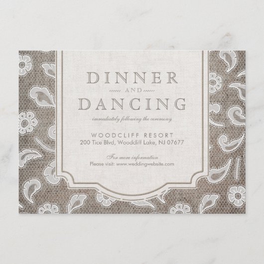 Kant en burlap rustiek land bruiloft receptie informatiekaartje (Voorkant)