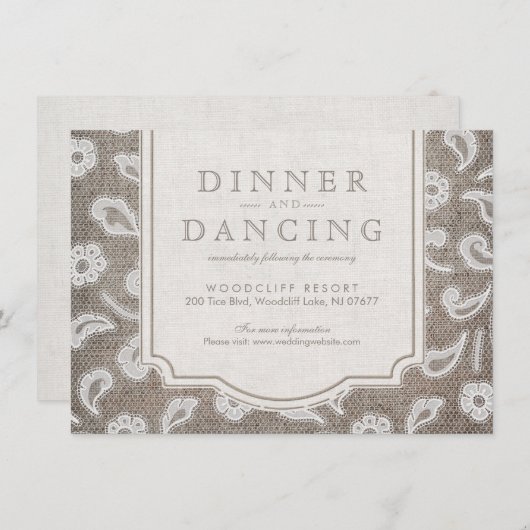 Kant en burlap rustiek land bruiloft receptie informatiekaartje (Voorkant / Achterkant)