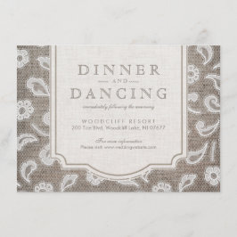 Kant en burlap rustiek land bruiloft receptie informatiekaartje