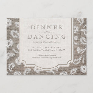 Kant en burlap rustiek land bruiloft receptie informatiekaartje