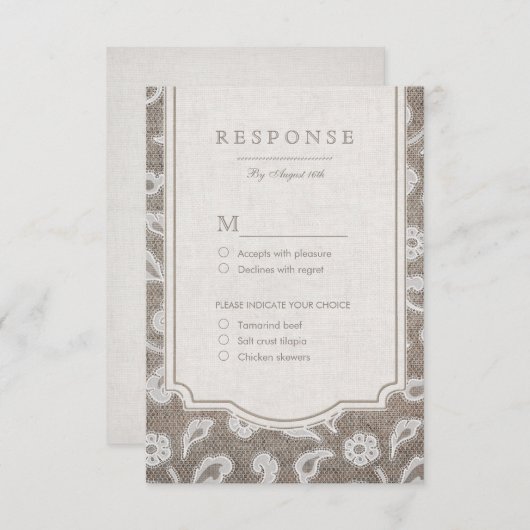 Kant en burlap rustiek land bruiloft RSVP (Voorkant / Achterkant)