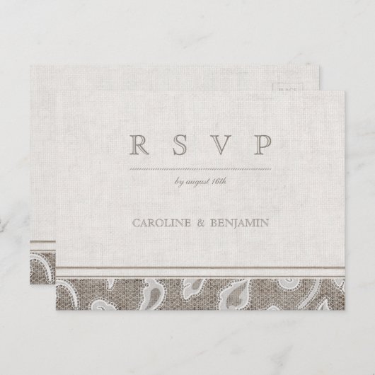 Kant en burlap rustiek land bruiloft RSVP Uitnodiging Briefkaart (Voorkant / Achterkant)