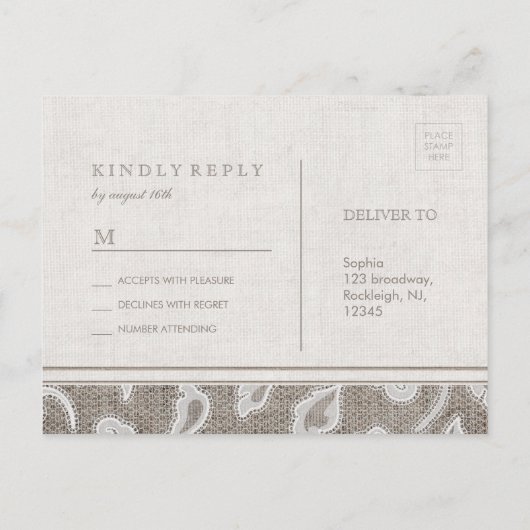 Kant en burlap rustiek land bruiloft RSVP Uitnodiging Briefkaart (Achterkant)