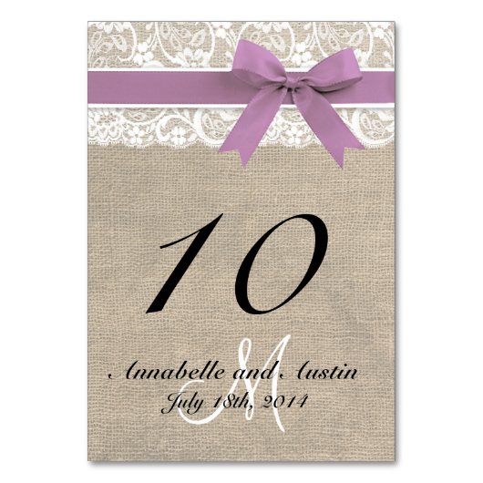 Kant en Burlap Rustieke Trouwtafel Kaart Lavendel (Achterkant)