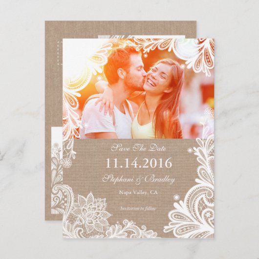 kant en Burlap Save the Date Briefkaart (Voorkant / Achterkant)