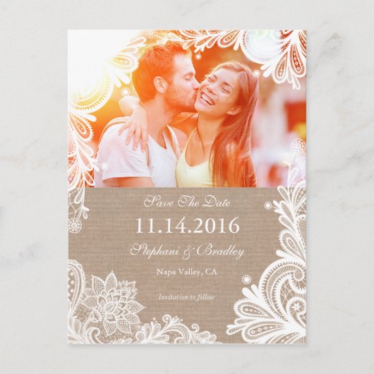  kant en Burlap Save the Date Briefkaart (Voorkant)