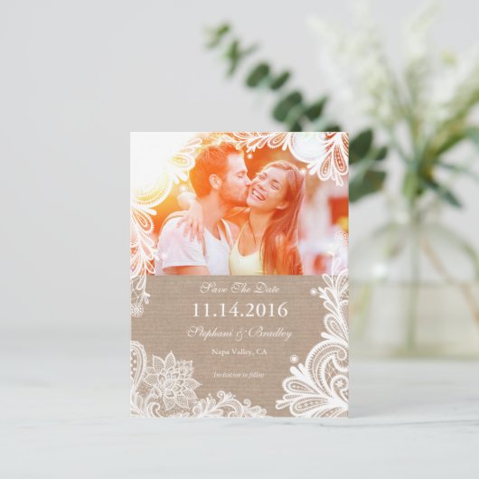 kant en Burlap Save the Date Briefkaart (Staand voorkant)