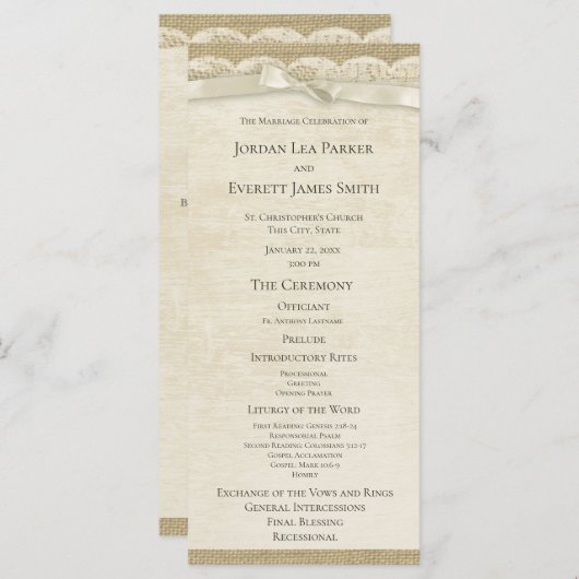  Kant en Burlap Trouwprogramma Programmakaart (Voorkant / Achterkant)