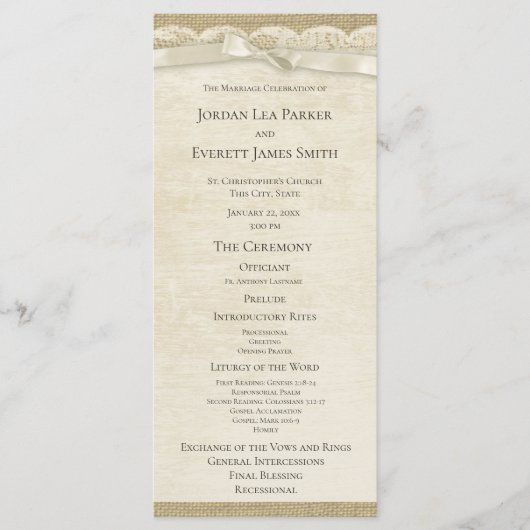  Kant en Burlap Trouwprogramma Programmakaart (Voorkant)