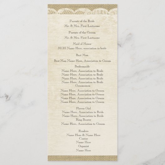 Kant en Burlap Trouwprogramma Programmakaart (Achterkant)