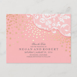 Kant en Goud Confetti Roze Vintage Save the Date Aankondigingskaart
