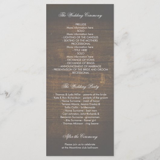 Kant en hout Goud Confetti Rustiek Trouwprogramma Programmakaart (Achterkant)