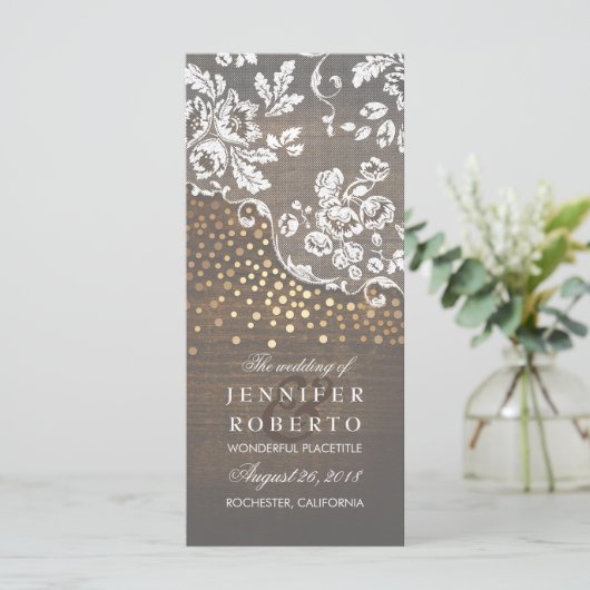 Kant en hout Goud Confetti Rustiek Trouwprogramma Programmakaart (Staand voorkant)