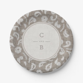 Kant en jute rustieke landelijke huwelijksmonogram papieren bordje