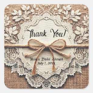 Kant en Jute Vintage Draad Landelijke Bruidsdouche Vierkante Sticker