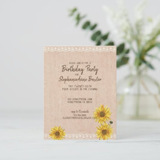 Kant en jute Zonnebloemen Verjaardagsuitnodiging o Kaart (Staand voorkant)