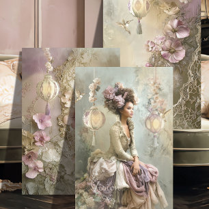 Kant en Licht Triptiek Salie Mauve Bloem Damesjurk Inpakpapier Vel