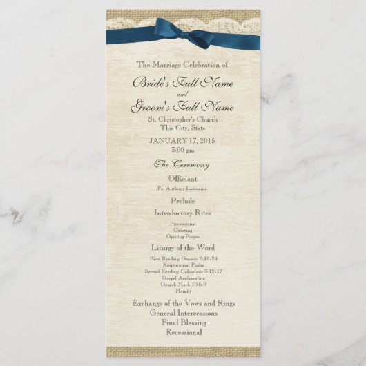  Kant en Navy Blue Bow Trouwprogramma Programmakaart (Voorkant)