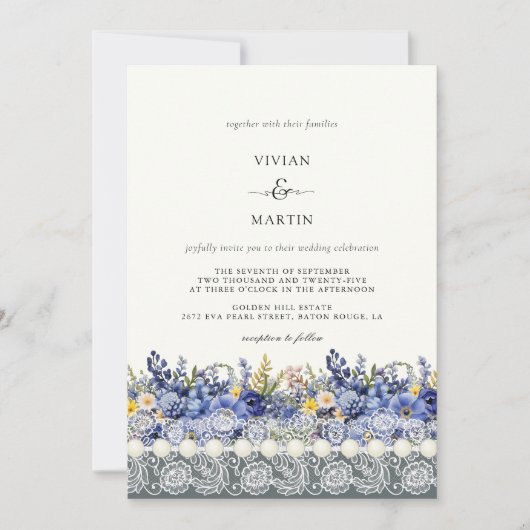 kant en parels bloemenbruiloft kaart (Voorkant)