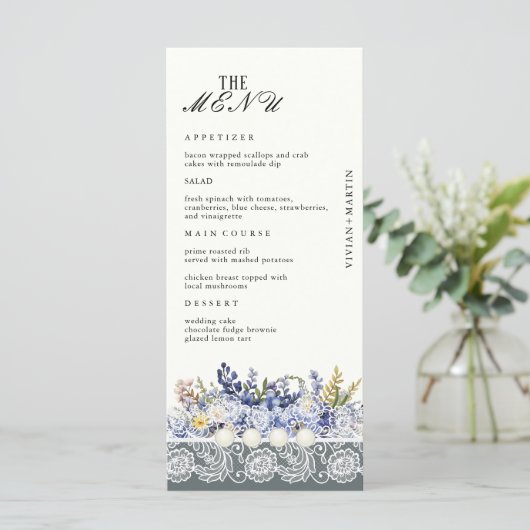  kant en parels bloemenbruiloft menu (Staand voorkant)